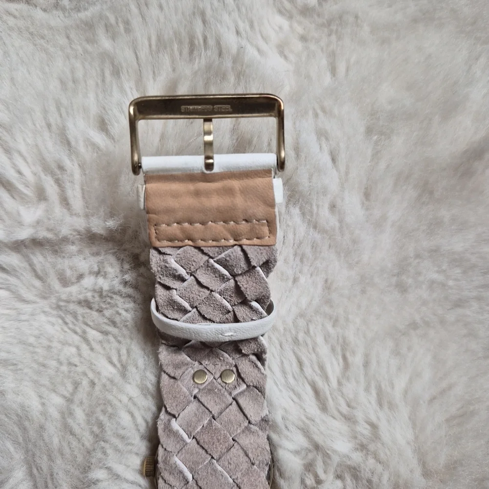 Fossil Watch White Leather Band Braided Detail Gold Tone JR-1291 Western Country